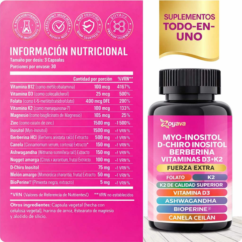 Suplemento para las hormonas-Myo-Inositol + D-Chiro Inositol + Berberina + Vitamina D3 + K2 – 90 Cápsulas