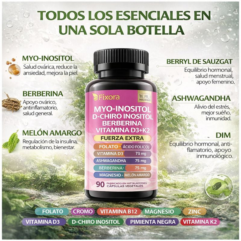 Suplemento para las hormonas-Myo-Inositol + D-Chiro Inositol + Berberina + Vitamina D3 + K2 – 90 Cápsulas