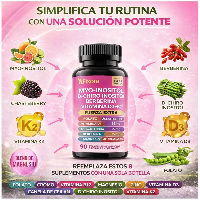Suplemento para las hormonas-Myo-Inositol + D-Chiro Inositol + Berberina + Vitamina D3 + K2 – 90 Cápsulas